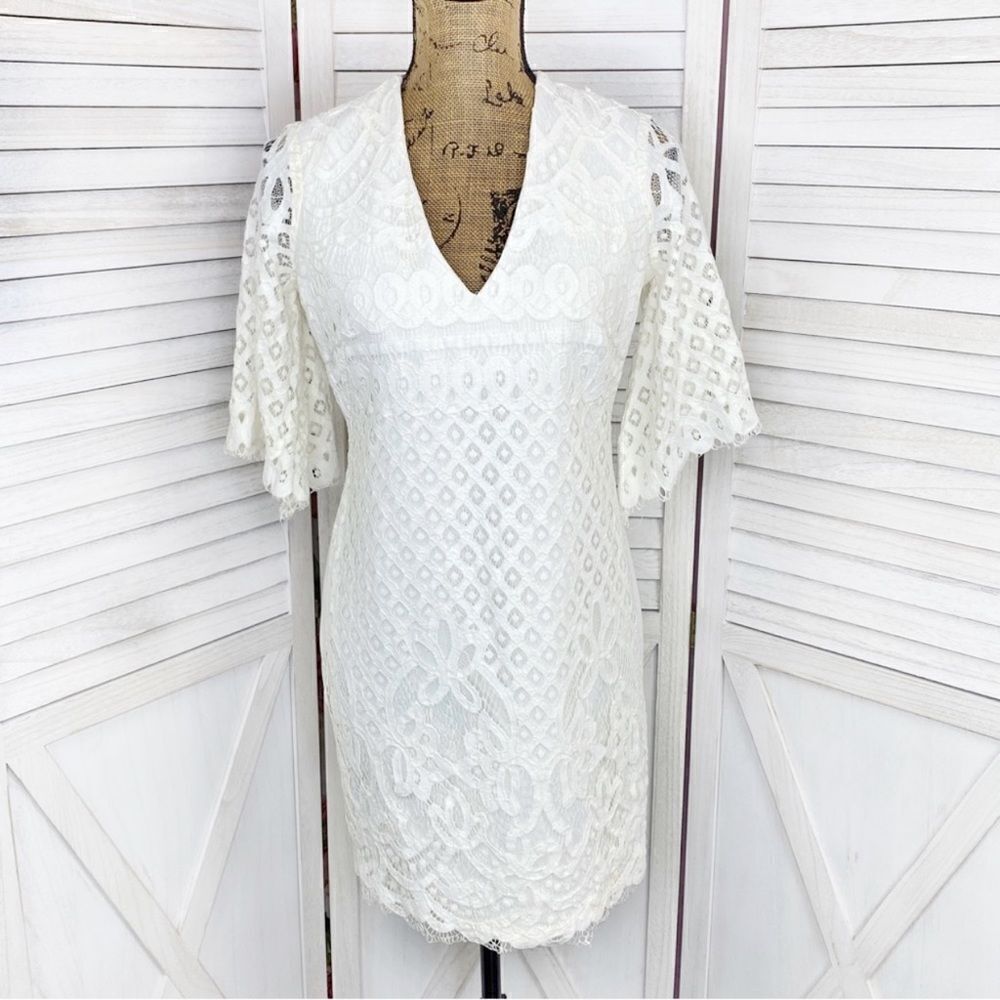 Alexia Admor Lace Front Bell Sleeve Sheath‎ Dress Small Ivory White Half Sleeve